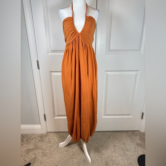 Zara Dresses & Skirts - Zara Bubble Hem Balloon Halter Maxi Dress Backless Orange Boho Resort Small